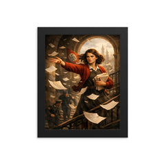 Sophie Scholl scattering White Rose leaflets framed print on a plain backdrop in size 8"x10".