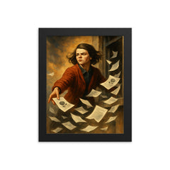 Sophie Scholl scattering White Rose leaflets framed print on a plain backdrop in size 8"x10".