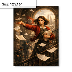 Sophie Scholl scattering White Rose leaflets metal print on a plain backdrop in size 12"x16".