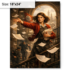 Sophie Scholl scattering White Rose leaflets metal print on a plain backdrop in size 18"x24".