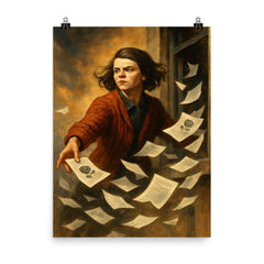 Sophie Scholl scattering White Rose leaflets poster on a plain backdrop in size 8"x10".
