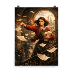 Sophie Scholl scattering White Rose leaflets poster on a plain backdrop in size 8"x10".