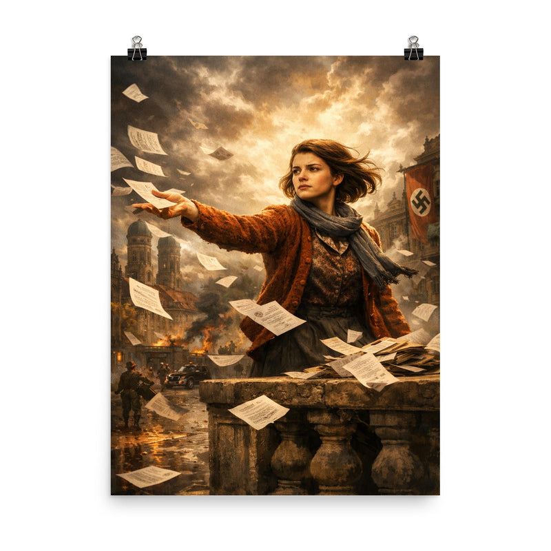 Sophie Scholl scattering White Rose leaflets poster on a plain backdrop in size 8