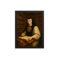 Sor Juana Inés de la Cruz in library framed print on a plain backdrop in size 12"x16".