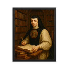 Sor Juana Inés de la Cruz in library framed print on a plain backdrop in size 16"x20".