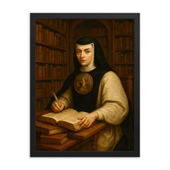 Sor Juana Inés de la Cruz in library framed print on a plain backdrop in size 18"x24".
