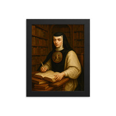 Sor Juana Inés de la Cruz in library framed print on a plain backdrop in size 8"x10".