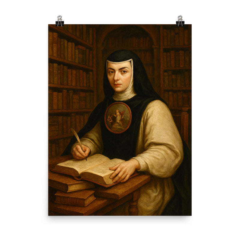 Sor Juana Inés de la Cruz in library poster on a plain backdrop in size 8