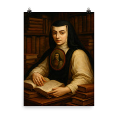 Sor Juana Inés de la Cruz with books poster on a plain backdrop in size 8"x10".