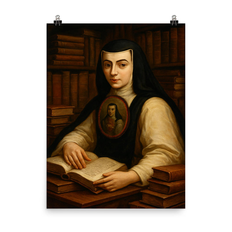 Sor Juana Inés de la Cruz with books poster on a plain backdrop in size 8