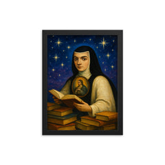Sor Juana Ines de la Cruz among books and stars framed print on a plain backdrop in size 12"x16".