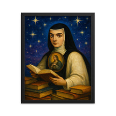 Sor Juana Ines de la Cruz among books and stars framed print on a plain backdrop in size 16"x20".