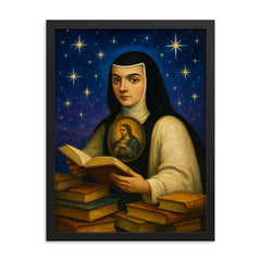 Sor Juana Ines de la Cruz among books and stars framed print on a plain backdrop in size 18"x24".