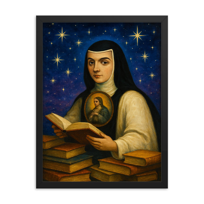 Sor Juana Ines de la Cruz among books and stars framed print on a plain backdrop in size 18