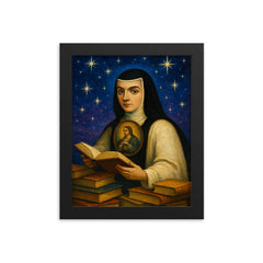 Sor Juana Ines de la Cruz among books and stars framed print on a plain backdrop in size 8"x10".