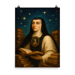 Sor Juana Ines de la Cruz among books and stars poster on a plain backdrop in size 8"x10".