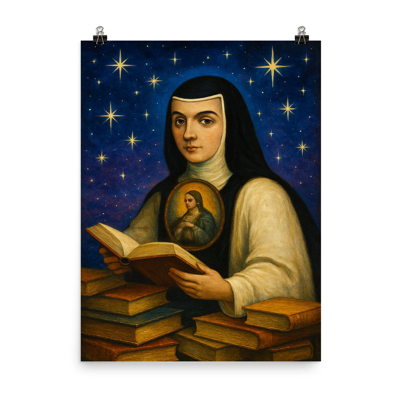 Sor Juana Ines de la Cruz among books and stars poster on a plain backdrop in size 8
