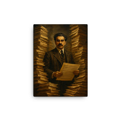 Sorabji at impossible manuscript stacks canvas print on a plain backdrop in size 12"x16".