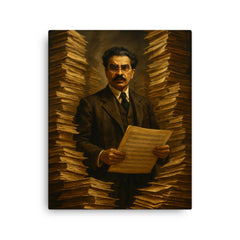 Sorabji at impossible manuscript stacks canvas print on a plain backdrop in size 16"x20".