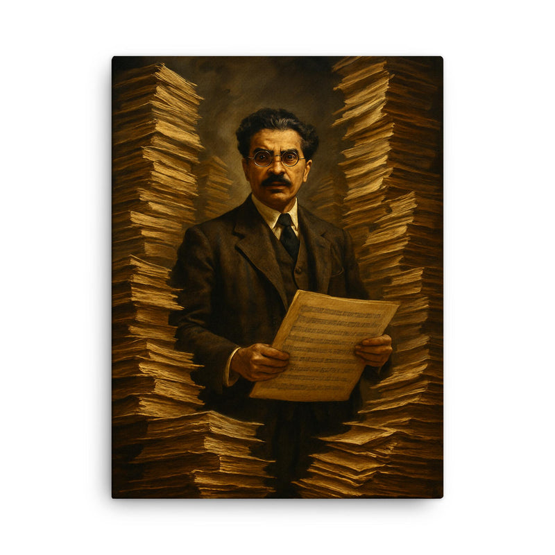 Sorabji at impossible manuscript stacks canvas print on a plain backdrop in size 18