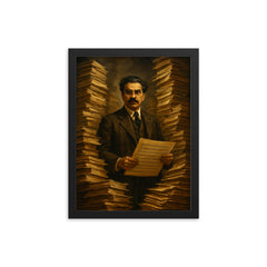 Sorabji at impossible manuscript stacks framed print on a plain backdrop in size 12"x16".