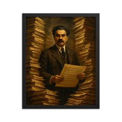 Sorabji at impossible manuscript stacks framed print on a plain backdrop in size 16"x20".