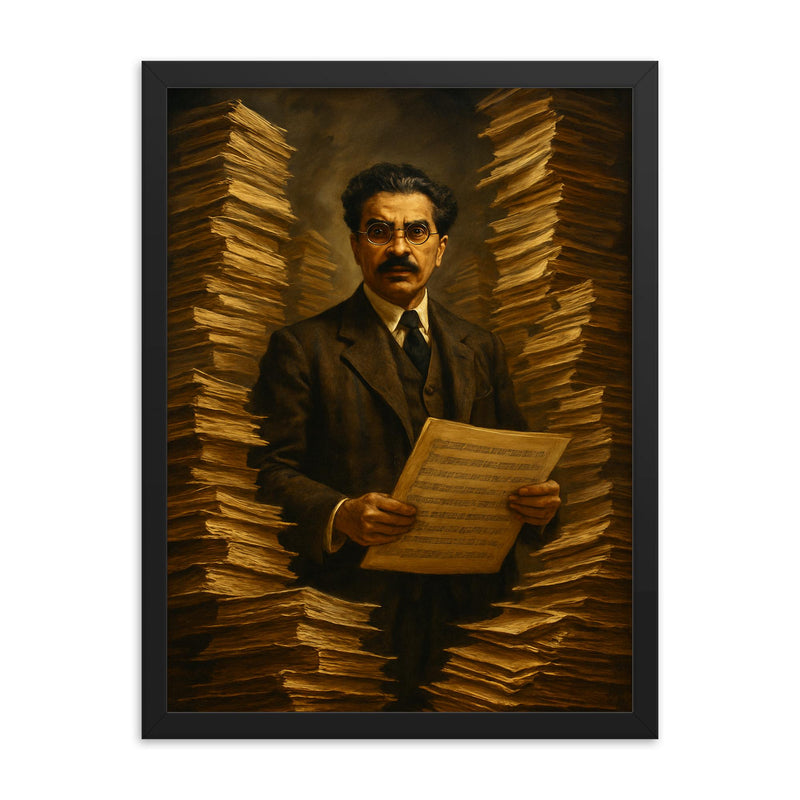 Sorabji at impossible manuscript stacks framed print on a plain backdrop in size 18