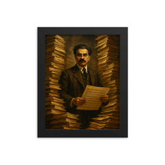 Sorabji at impossible manuscript stacks framed print on a plain backdrop in size 8"x10".
