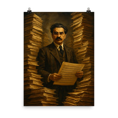 Sorabji at impossible manuscript stacks poster on a plain backdrop in size 8"x10".