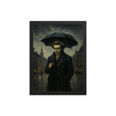 Soren Kierkegaard walking Copenhagen under existential rain framed print on a plain backdrop in size 12"x16".