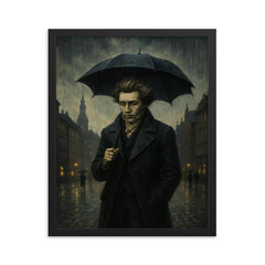 Soren Kierkegaard walking Copenhagen under existential rain framed print on a plain backdrop in size 16"x20".