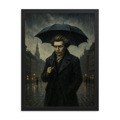 Soren Kierkegaard walking Copenhagen under existential rain framed print on a plain backdrop in size 18"x24".