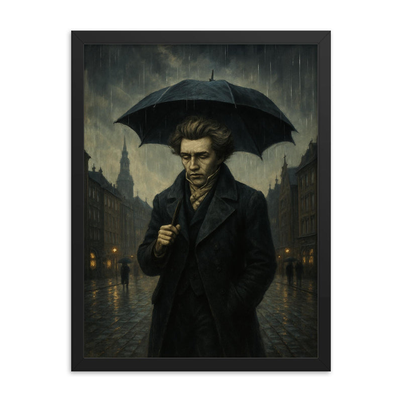 Soren Kierkegaard walking Copenhagen under existential rain framed print on a plain backdrop in size 18