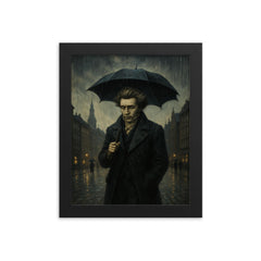 Soren Kierkegaard walking Copenhagen under existential rain framed print on a plain backdrop in size 8"x10".