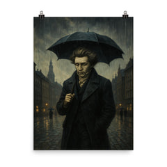 Soren Kierkegaard walking Copenhagen under existential rain poster on a plain backdrop in size 8"x10".