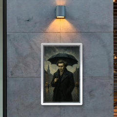 Soren Kierkegaard walking Copenhagen under existential rain poster 2