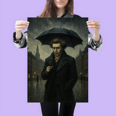 Soren Kierkegaard walking Copenhagen under existential rain poster 3