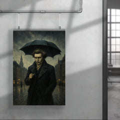 Soren Kierkegaard walking Copenhagen under existential rain poster 4
