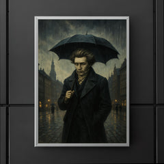 Soren Kierkegaard walking Copenhagen under existential rain poster 5