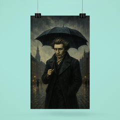 Soren Kierkegaard walking Copenhagen under existential rain poster 6