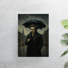 Soren Kierkegaard walking Copenhagen under existential rain poster 7