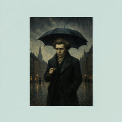 Soren Kierkegaard walking Copenhagen under existential rain poster 8