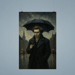 Soren Kierkegaard walking Copenhagen under existential rain poster 9