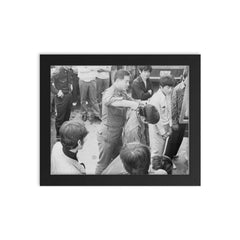 South Korean Soldier Cutting Hair During 1970s Crackdown framed print on a plain backdrop in size 8"x10".