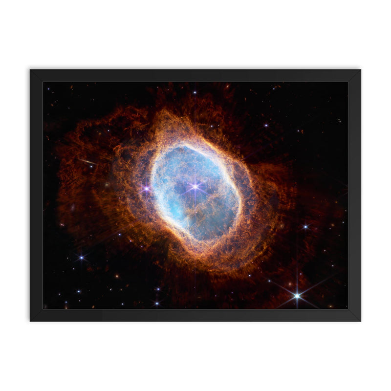 Southern Ring Nebula  JWST 2022 framed print on a plain backdrop in size 18