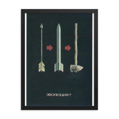 Soviet Anti-Nuke Poster "Evolution?" from the 1970s or 1980s framed print on a plain backdrop in size 18"x24".