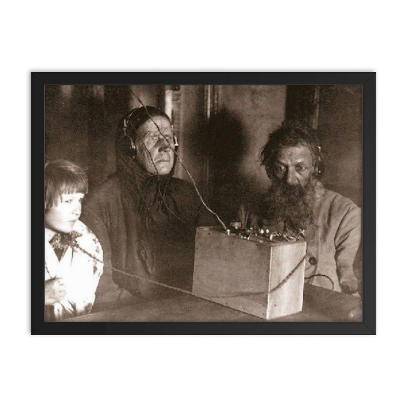 Soviet Peasants Listening to the Radio for the First Time, 1928 framed print on a plain backdrop in size 18