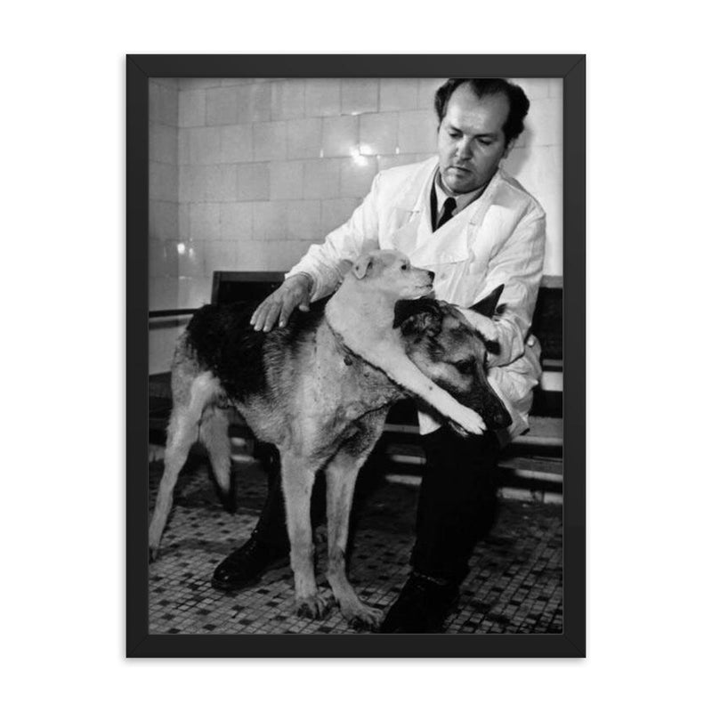 Soviet Scientist Vladimir Demikhov with 2-Headed Dog, 1959 framed print on a plain backdrop in size 18