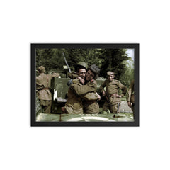 Soviet Soldier Embraces American Serviceman Near the Elbe River, 1945 framed print on a plain backdrop in size 12"x16".