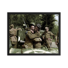 Soviet Soldier Embraces American Serviceman Near the Elbe River, 1945 framed print on a plain backdrop in size 16"x20".